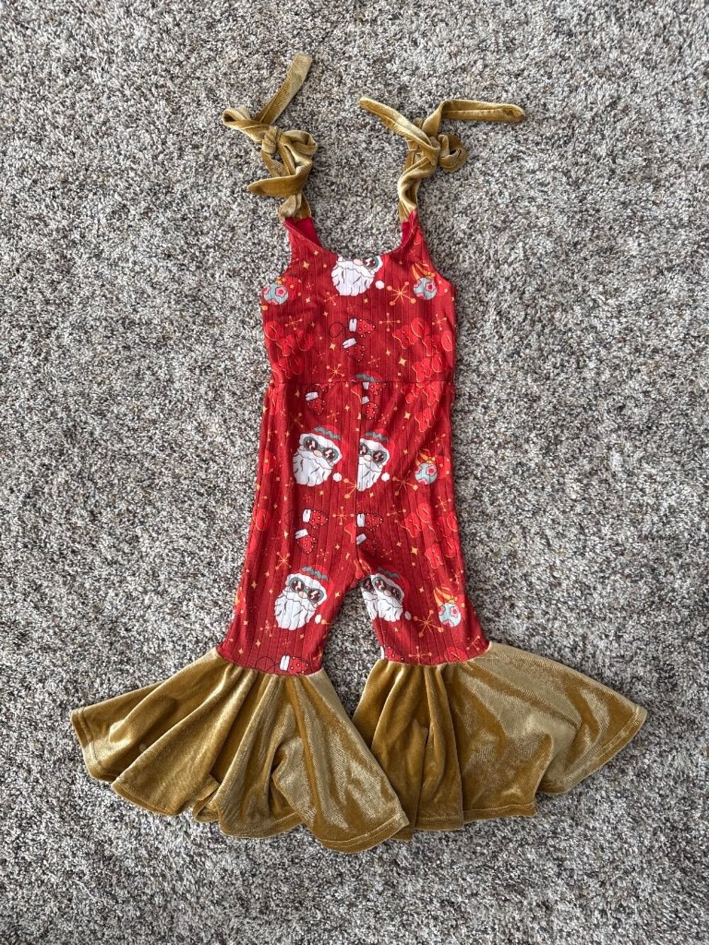 Girls Christmas Santa Ribbed Gold Velvet Flare Leg Jumpsuit